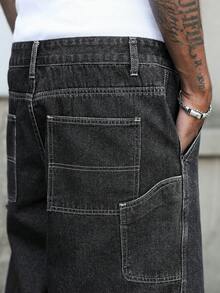 Manfinity EMRG Men's Street Style Casual Multi-Pocket Cargo Dark Gray Plus Size Denim Shorts - Dark Grey - View 3