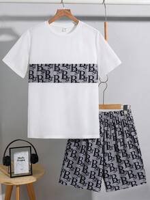 SHEIN 青少年男孩 2件組 休閒寬鬆舒適混色圖案 T恤與短褲套裝，適合春/夏季、日常穿著、運動、外出、學校、派對、節慶、拍照 - 彩色 - 查看 4