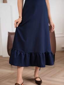 Modelyn Damen Sommer Lässig Alltag Arbeit Pendeln Minimalistisch Vielseitig Einfarbig Ärmellos Taillenbetontes langes Kleid - marineblau - Übersicht 4
