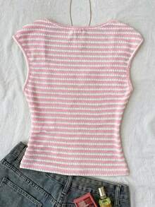 Teen Girls Summer New Pink Knit Textured Jacquard Ruched Chest Sweet Girly Cute Home Casual Off-Shoulder T-Shirt - Pink - View 2
