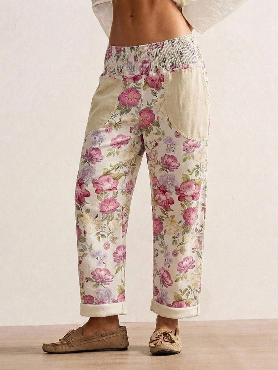 Bohemela 女士休闲度假风全印花弹力腰拼接斜插口袋直筒裤 - 黑色 - 查看 1
