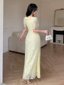 Modelyn Pale Yellow Square Neck Rhinestone Embellished Elegant Lace Waist-Cinching Women's Dress - Butter Yellow - View 3