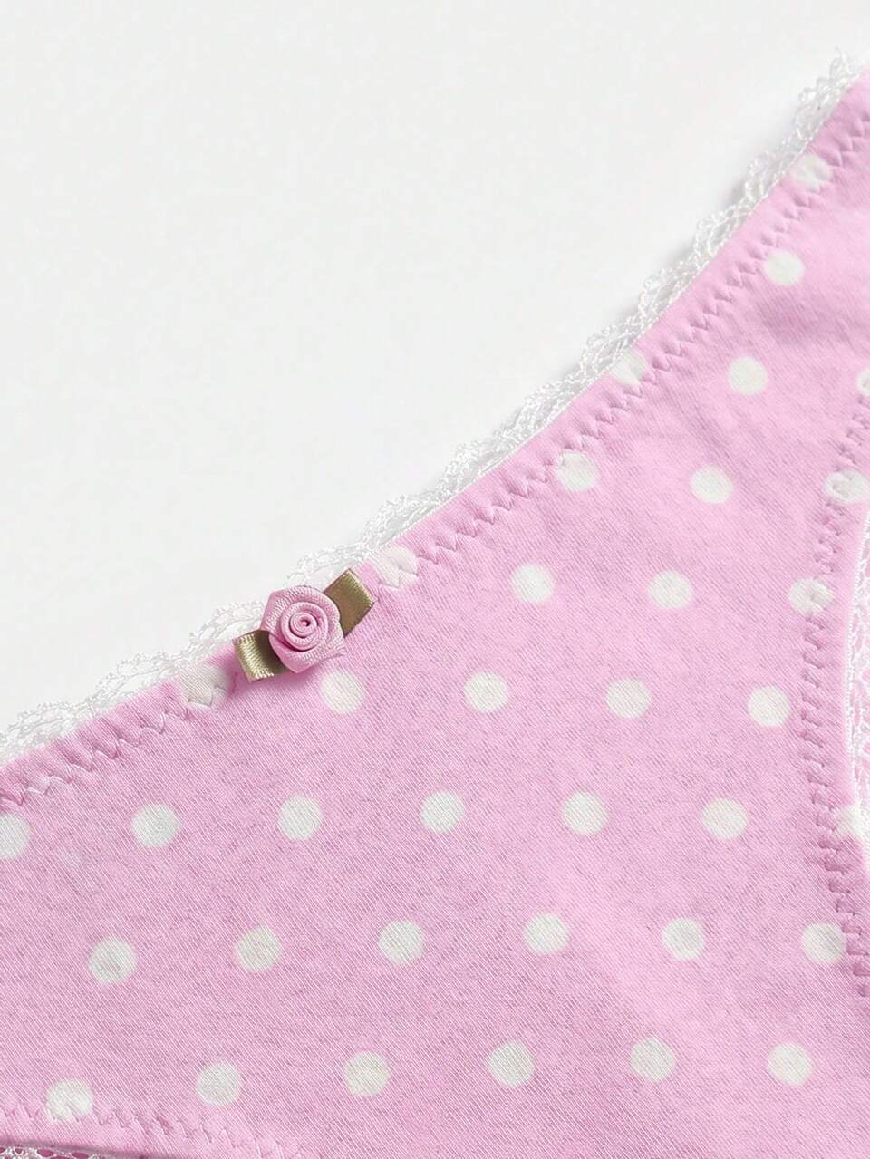 Pink Polka Dot Lace-Trim Bra And Tanga Set With Rose Detail Cute French Style Polkadot Lingerie Set