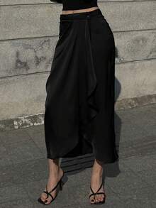 DAZY Asymmetry Ruffles Patchwork Slit Women Skirt, Stylish Design - Black - View 7