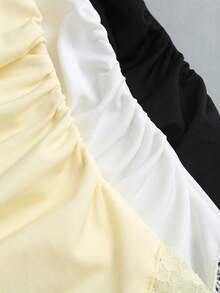 Sweetra Women's Spring/Summer Vacation Casual Lace Patchwork Asymmetrical Hem Design Black White Yellow 3 PiecesTop Set - Multicolor - View 4