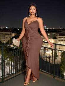 SOLERSUN Plus Size Beige Summer Elegant Maxi Dress, Ruffle Edge Sleeveless Strap Wedding Party Prom - Brown - View 1