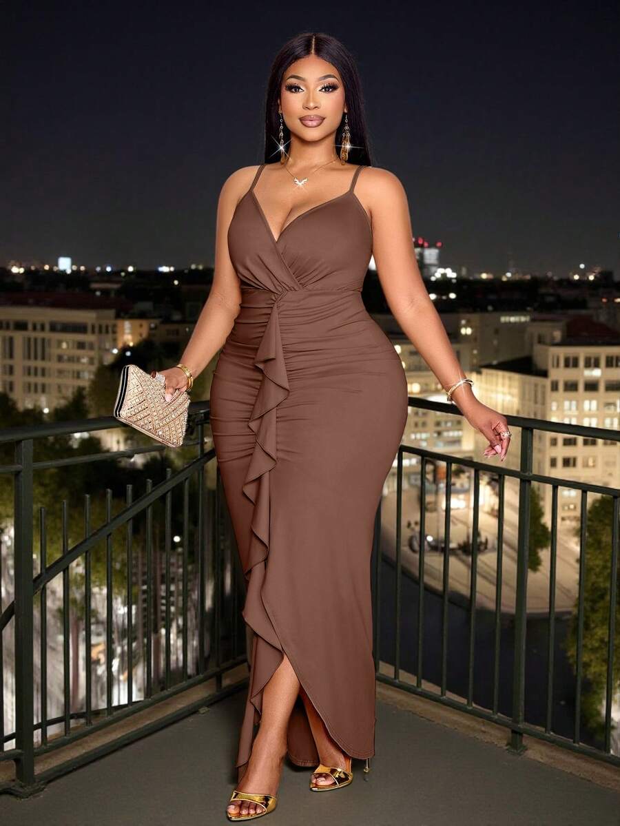SOLERSUN Plus Size Beige Summer Elegant Maxi Dress, Ruffle Edge Sleeveless Strap Wedding Party Prom - Brown - View 1