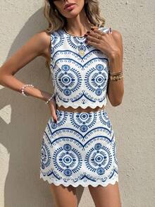 Serisse Women's Vacation Geometric Print Curved Hem Tank Top And Mini Skirt 2 Pieces Set Beach Vacation Blue White Summer Sexy Jamaican - Blue - View 4