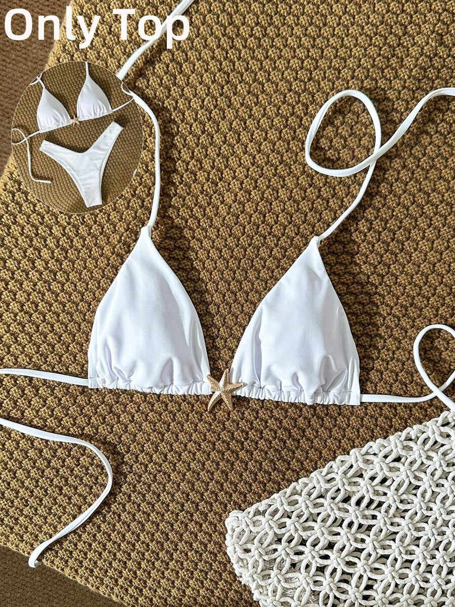 Swim Vcay Áo bikini dây buộc cổ màu trơn trang trí kim loại của Swim Chicsea-D dành cho nữ, thích hợp cho mùa xuân/hè. - trắng - Xem 1