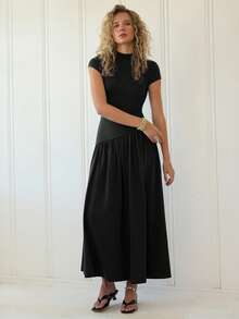 Freevana 95 Cotton Women's Solid Color Stand Collar Puff Sleeve Pleated Long Casual Elegant Dress, Summer Black Dress Date Holiday Everyday Everyday Night - Black - View 5