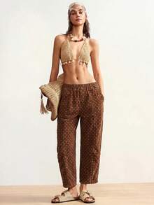 Bohemela Damen Große Größen Polka-Dot-Muster Tasche locker lässig Denim Jeans Sommer Outfits braune Hose Polka-Dot Landhose Urlaub Festival - Braun - Übersicht 6