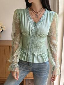 DAZY V-Neck Lace Blouse With Puff Sleeves, Cinched Waist And Long Sleeves - Green - View 2