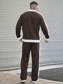 Devon Thys Men's Casual Sports Style Letter Print Contrast Color Half Zip Collar Sweatshirt And Drawstring Waist Sweatpants Set, Spring/Autumn - Brown - View 4