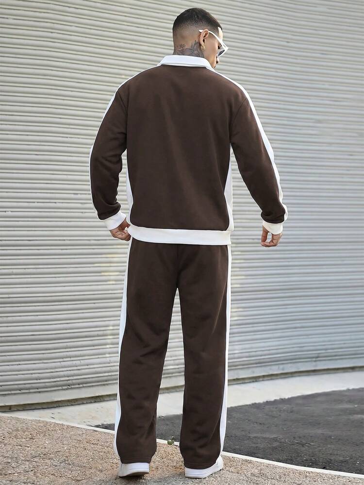 Devon Thys Men's Casual Sports Style Letter Print Contrast Color Half Zip Collar Sweatshirt And Drawstring Waist Sweatpants Set, Spring/Autumn - Brown - View 4
