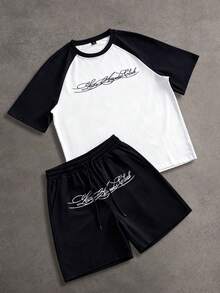 PAVTROS Men's Colorblock Raglan Sleeve Letter Embroidered Oversized T-Shirt And Shorts Set,Black And White,Summer,Streetwear,City Break,Casual Soft Outfits - Black and White - View 5