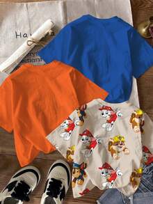 SHEIN | PAW Patrol Young Boy Casual Minimalist, Loose Comfortable, Classic Cute Cartoon Animation Pattern Print, Classic Color Block, Cute Puppy Crew Neck Short Sleeve T-Shirt 3pcs Set Suitable For Spring And Summer - Multicolor - View 2
