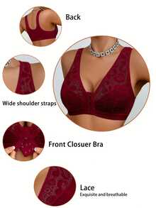 Crystal Vow Lace Patchwork Front Button-Up Women's Non-Wired Bralette 1 Piece - Burgundy - View 4