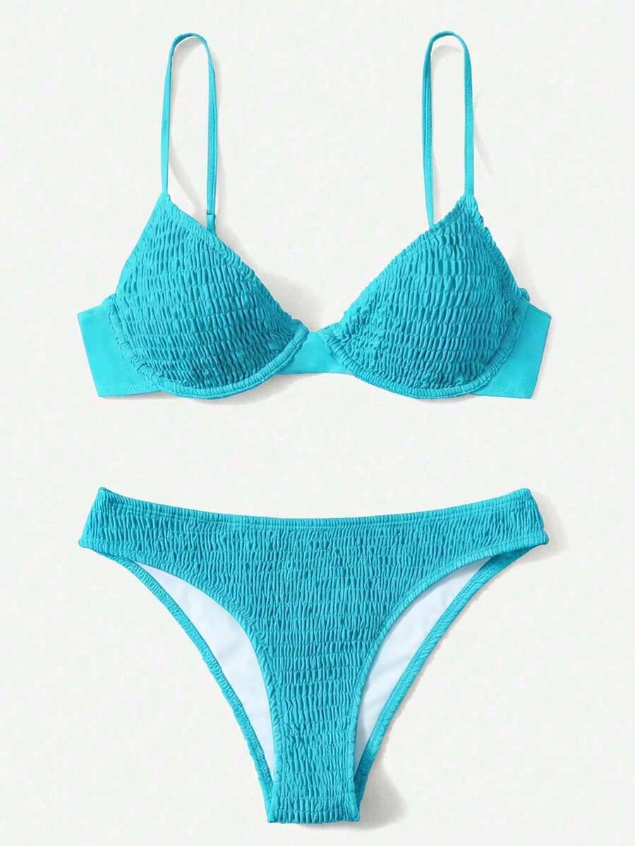 Swim Basics Steel Framed Soft Cup Removable Strap Bikini Set - Mint Blue - View 1
