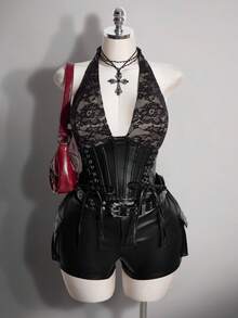 SHEIN ICON 大尺碼女款性感蕾絲拼接露背掛脖上衣，適合夏季 - 黑色 - 查看 6