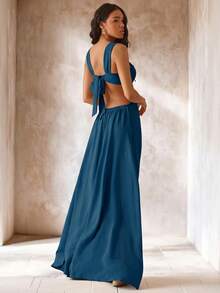 Hauture Women's Solid Color Pleated Cutout Design Sexy Party Long Dress - Teal Blue - View 5