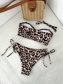 Swim Vcay Conjunto de traje de baño para mujer de verano y playa con top de bikini de tirantes desmontables con estampado de leopardo y braguita de triángulo fruncida con cordón - Multicolor - Ver 6