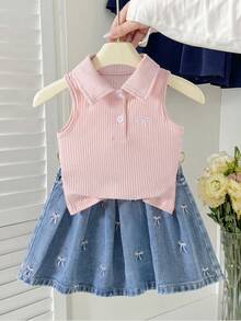 Genkimix Kids 女童 Polo 裙套裝 夏季新品 可愛甜美風 粉色羅紋針織無袖上衣 附粉色蝴蝶結刺繡 淺藍色牛仔百褶裙 鬆緊腰 柔軟舒適 休閒日常上學度假旅行穿搭 - 粉色 - 查看 4