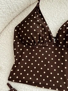 SHEIN 青少年女孩青少年女孩分體式比基尼 春夏棕色波點印花細肩帶海灘度假泳衣套裝 2件組 - 棕色 - 查看 6