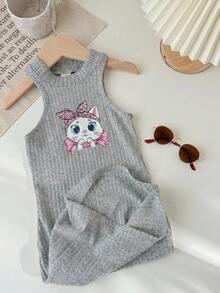 SHEIN LMoss Kids LMoss 青少女可愛貓咪印花無袖休閒兩件式洋裝套裝 - 彩色 - 查看 10