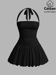 SHEIN PETITE 2026年女款春夏度假系列：新款黑色繫帶露背純色簡約休閒氣球裙，適合居家、外出、海灘、時尚造型、休閒穿著、通勤、度假、浪漫場合及日常穿搭，搭配選擇多樣。適合日常穿著、休閒穿搭、度假、郵輪旅行、海灘、曬日光浴、熱銷款、街頭風、婚禮賓客服裝、波希米亞風、通勤、早午餐及機場穿搭。 - 黑色 - 查看 6