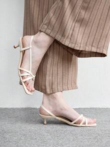 CUCCOO BIZCHIC 女鞋春夏新款米色細條紋露趾中跟涼鞋，簡約時尚舒適，日常百搭通勤女款涼鞋 - 米色 - 查看 5