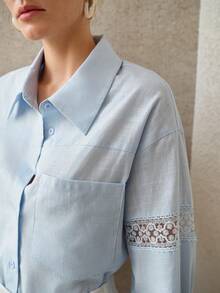 MOTF PREMIUM FASHIONABLE EXQUISITE DESIGN HIGH-END EMBROIDERED LACE WOMEN'S TURN COLLAR LONG SLEEVE BLOUSE - Blue - View 8
