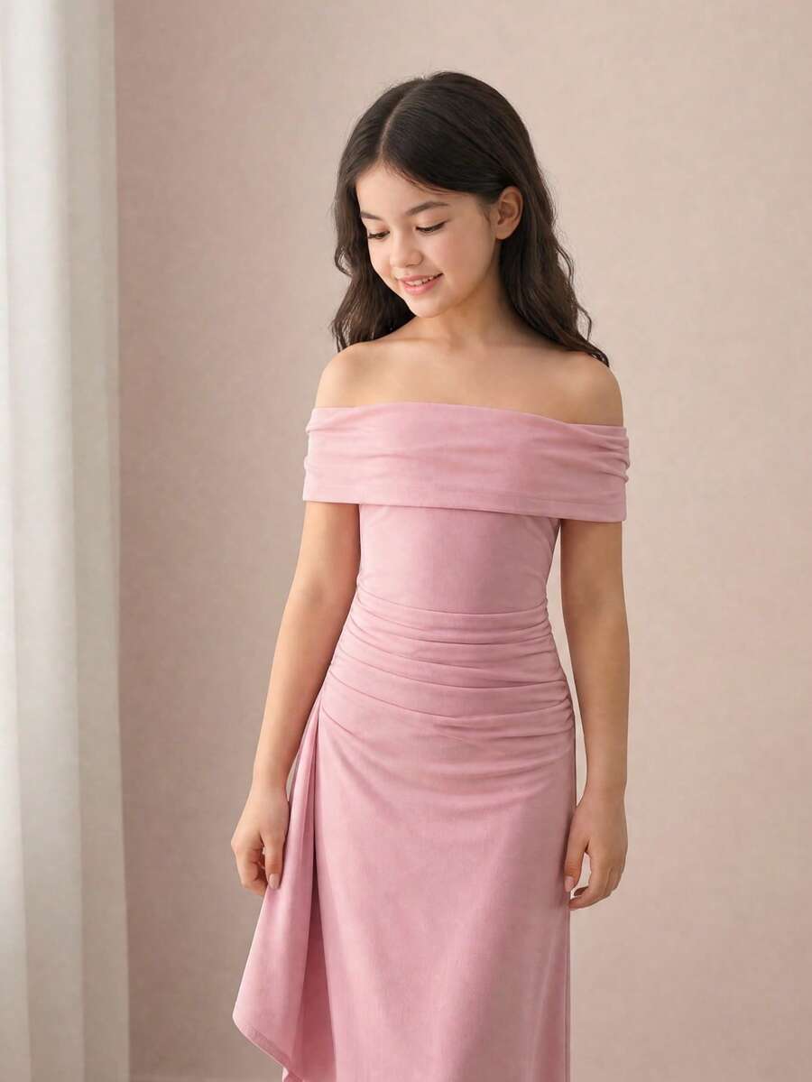 SHEIN Pitira 少女优雅长款连衣裙,露肩荷叶边下摆修身长款派对礼服,粉色花童礼服 - 粉色 - 查看 1