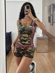 StreetHx Setelan 2 Potong Atasan Tank Top dan Celana Pendek Motif Kamuflase Multi-Warna untuk Wanita - MultiWarna - View 4