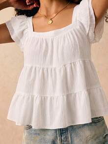 SHEIN Frenchy Women's Casual Multi-Layered Ruffle Blouse, Cap Sleeve Shirt, Summer Outfit - White - View 4