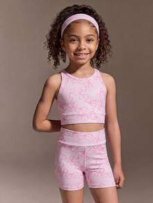 SHEIN Young Girls' Rose Pink Leopard Print 2 Pieces Active Set Featuring A Crisscross Back Tank Top And Matching Fitted Shorts, Made From Ultra-Soft 4-Way Stretch Fabric For Superior Skin Comfort And Full Flexibility, Perfect For Dance Practice, Playground Fun, And Sporty Casual Wear - Pink - View 5