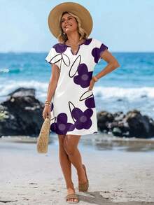 SHEIN LUNE Casual Minimalist Women's V-Neck Short Dress Suitable For Spring And Summer - Multicolor - View 6