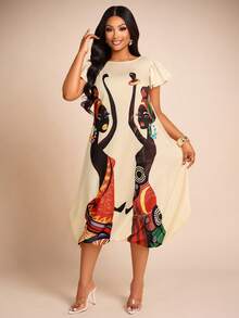 Brilight Women's Elegant Printed Loose-Fit Dress For Spring & Summer - Featuring An Elasticized Hem Detail. Perfect For Graduation Ceremonies, Back-To-School Season, Dates, Daily Wear, Vacations, Parties, Wedding Season, And Other Occasions. A Stylish Summer Dress. - Apricot - View 5