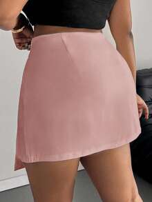 SHEIN PETITE CURVE Plus Size Women's Solid Color Asymmetric Hem Fashion Skirt - Pink - View 2