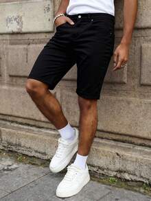 EGENSIO Men's Plus Size Summer Casual Streetwear Daily Commute Minimalist Versatile Solid Color Denim Shorts Black - Black - View 7