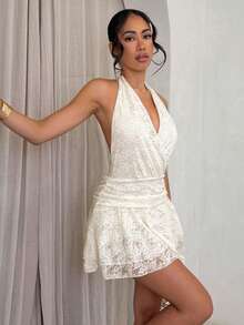 Glamine Elegant Cream White Lace Halter Neck Dress,Summer Holiday Vacation Women Cross V-Neck Waist- A-Line Backless Ruched Short Mini Dress,Holiday - White - View 5