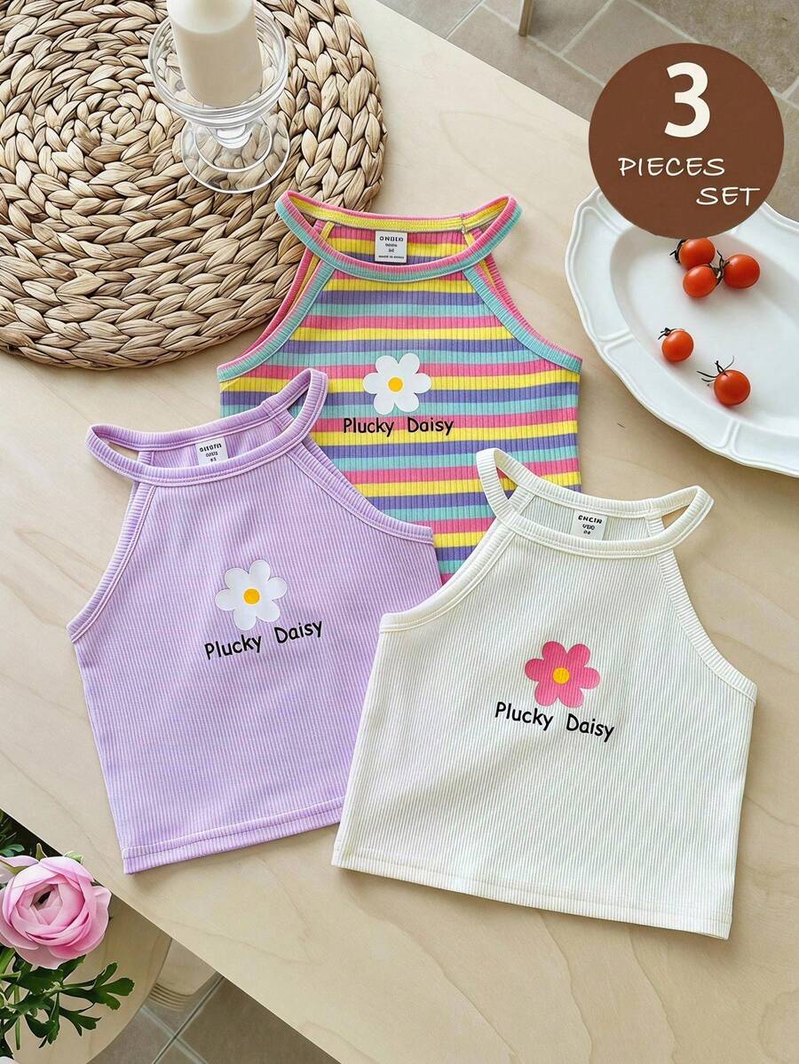 Emery Rose Kids Young Girl 3-Piece Set: Knitted Solid Color Striped Floral Pattern Pullover Vest - Multicolor - View 1