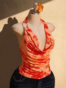 SHEIN ICON Plus Size Floral Print Ruffle Neck Backless Halter Top Beach Vacation Orange Summer - Orange - View 4