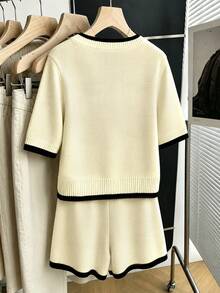 Franclia Women's Autumn Casual Elegant Minimalist Daily Formal Commute Round Neck Color Block Design Regular Shoulder Short Sleeve Fitted Plus Size - Multicolor - View 2