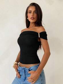 Aloruh Women's Solid Color Knit Off-Shoulder Top With Metal Decor - Black - View 8