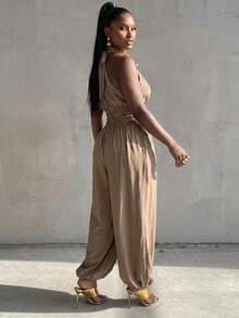 BamGlimmer New Halter Neck High Collar Sleeveless Cold-Shoulder Design Elastic Waist To Raise Waistline Lantern Wide Leg Pants Elegant Casual Dinner Date Khaki - Khaki - View 7