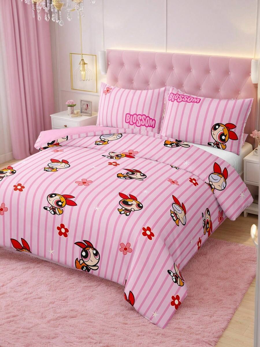 THE POWERPUFF GIRLS X SHEIN 三件套可爱卡通印花被套,光滑面料,柔软保暖,红色被套,多种尺寸可选,适用于单人床/双人床/大号床/特大号床 - 粉色 - 查看 1