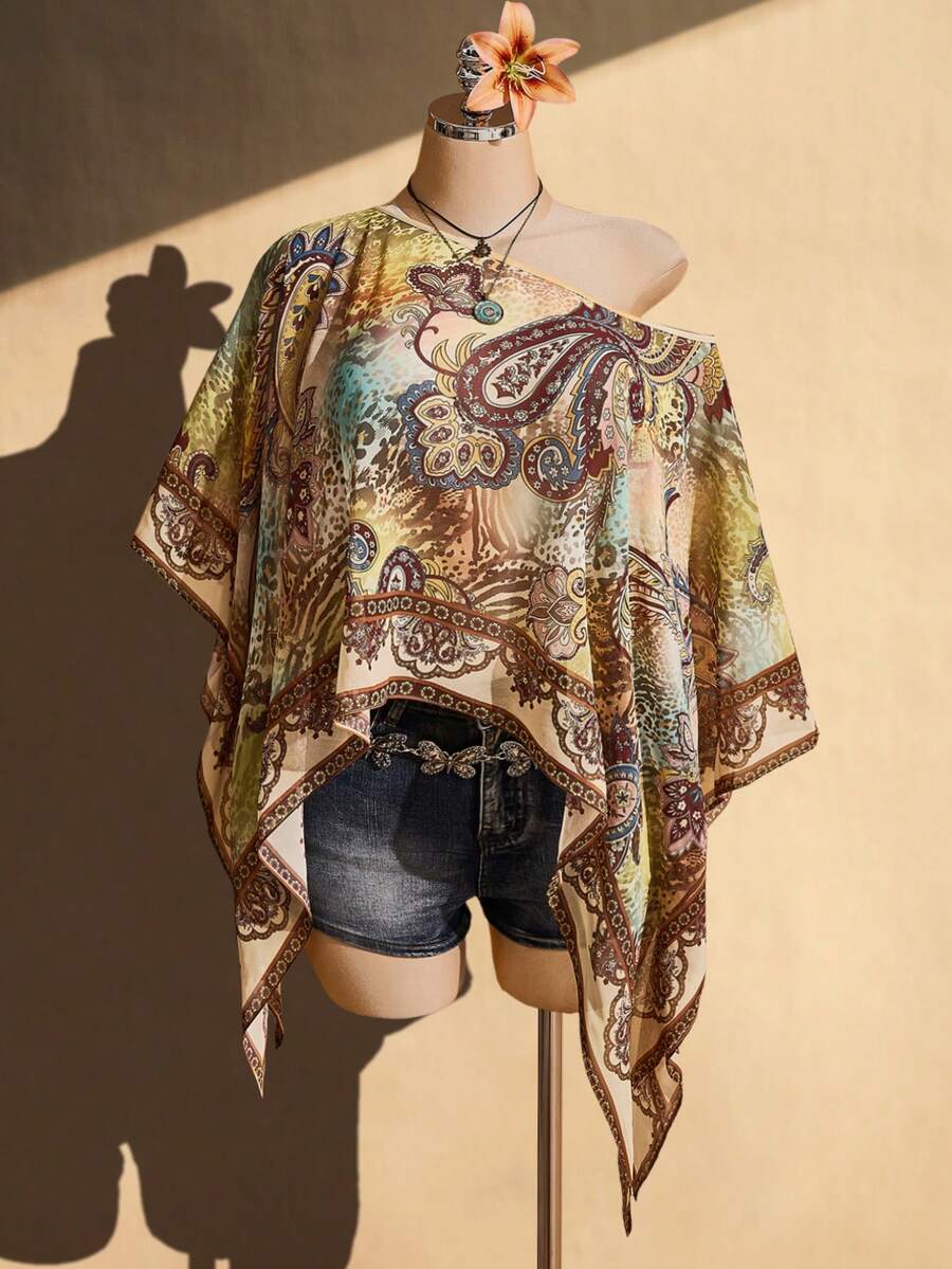 SHEIN ICON Plus Size Women's Asymmetric Shoulder All-Over Print Casual Versatile Daily Outing Top - Multicolor - View 1
