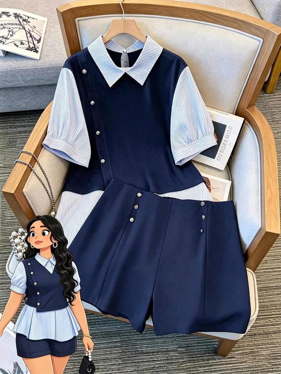 GlowEve CURVE بلوزة نسائية مقاس كبير بتصميم 2 في 1 مخططة بأكمام طويلة + شورت بدلة مقاس كبير بتصميم A-Line وساق واسعة متعددة الاستخدامات كاجوال - أزرق بحري - مشاهدة 1
