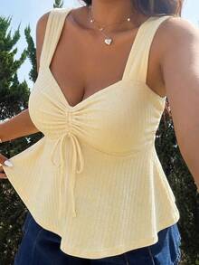 SHEIN EZwear Plus Size Women's Solid Color Butter Yellow Ruched Bust Bow Tie Decor Wide Shoulder Strap V-Neck Cami Top Vacation Summer Cute - Apricot - View 7