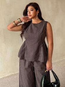 Auralis Plus Size Women's Round Neck Chocolate Brown Top And Long Pants Casual Elegant Daily 2 Pieces Set Office Formal Outfits For Work Summer Teachers' Day - Coffee Brown - View 3